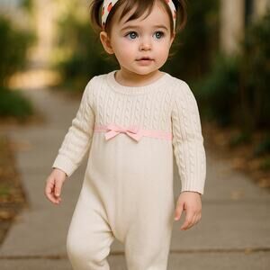 Cherokee Girls Romper Sz 9 Months Cream Cableknit Pink Sweater NEW